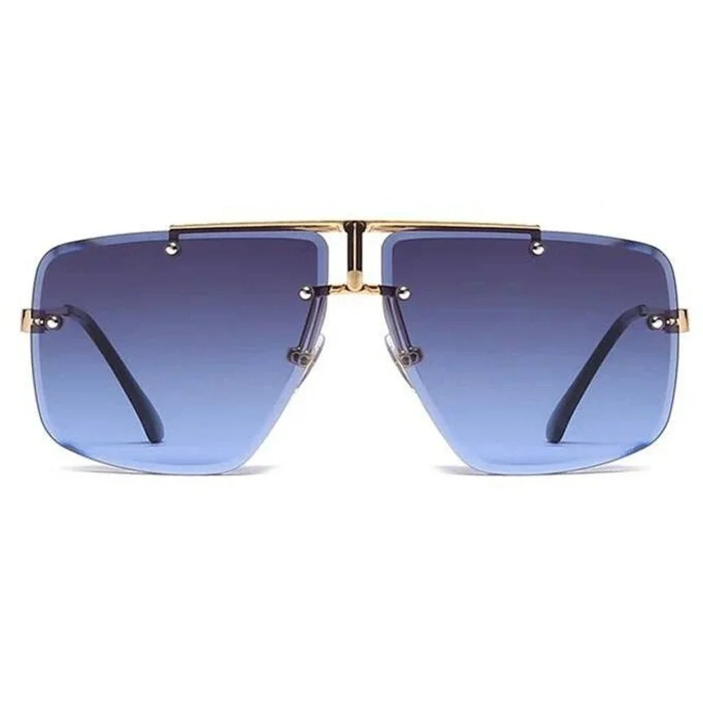 Rimless Sunglasses‎ Men Square Navy Blue Lens Gold Frame Fashion Shades Lentes